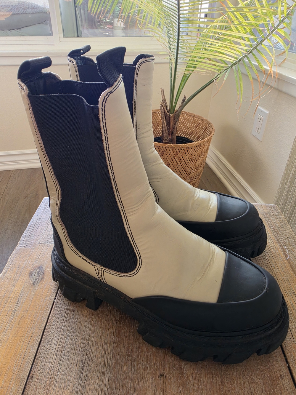 Ganni Chelsea Lug Sole Boots in Cream and Black